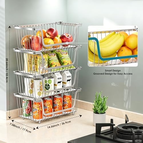4 Pcs Stackable Wire Baskets for Pantry Organizers and Storage,silver