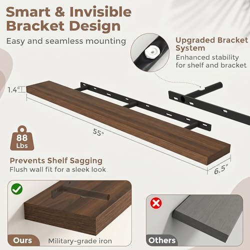 55In Floating Shelves for Wall, 6.5"D Wood Storage Shelves, Walnut Finish
