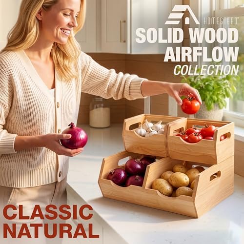 HOMESTEAD Stackable Solid Wood Storage Bins for Pantry & Countertop, Ventilated Potato and Onion Basket Organizer with H