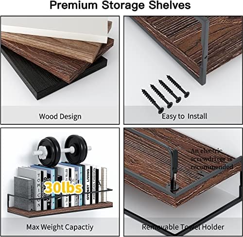 Shario Rustic Wood Floating Shelves - Set of 2, Wall Mounted Hanging Shelves with Black Towel Rack, Decorative Storage S