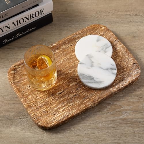 Karibiber Natural Marble Vanity Tray, 11.8" Travertine/Stone Bathroom Tray Countertop, Golden Stone for Perfume Jewelry 