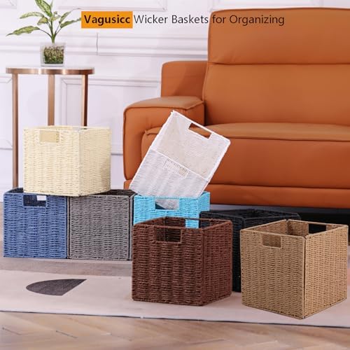 Vagusicc Wicker Storage Basket, Set of 2 Hand-Woven Paper Rope Wicker Baskets, Foldable Cube Storage Bins, Beige Storage