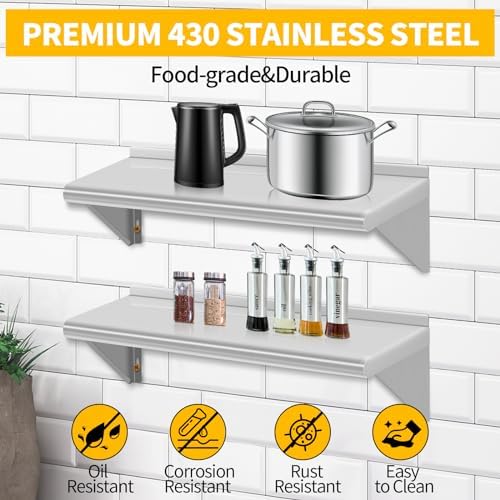 8.6" D x 24" W Stainless Steel Wall Mounted Shelves, 2 Packs Floating Shelving with Brackets, Commercial Shelf Perfect f
