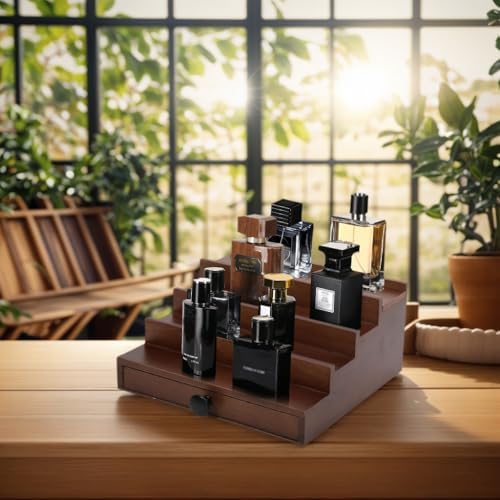 4 Tier Men's Cologne Organizer, Walnut Brown Wood Display Stand with Drawer