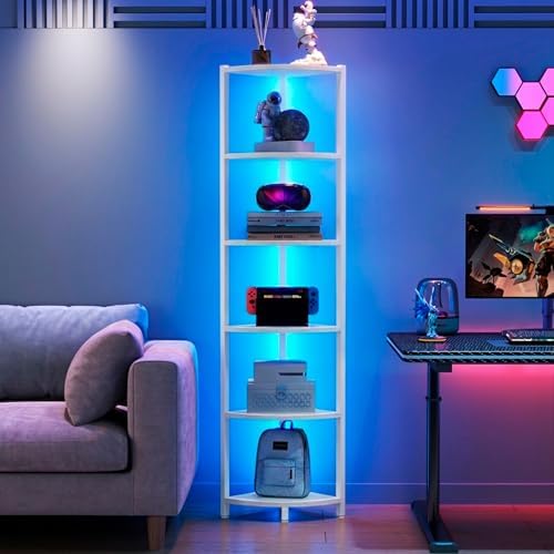 Corner Shelf with LED Lights, 6-Tier Corner Bookshelf, 66'' Organizer Book Shelf Shelves Steel Frame Display Stand with 