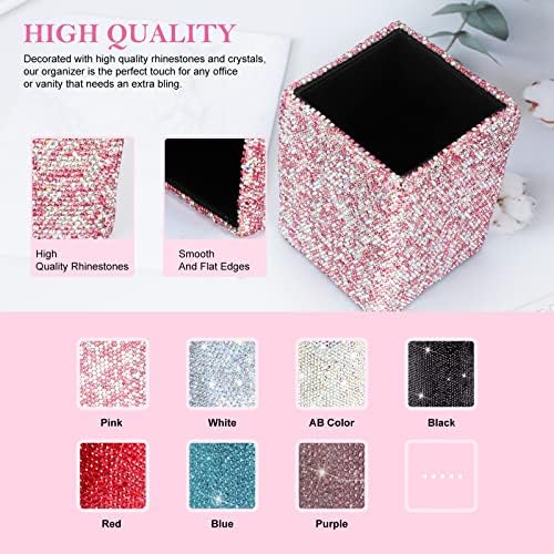 Crystal Pencil Pen Pot Holder Box Bling Rhinestone Pen Organizer Holder Cosmetic Pencil Container Comb Brushes Personalized (Square Pink)