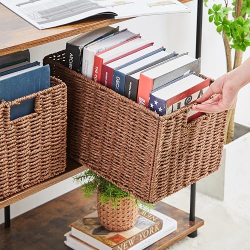 Vagusicc Wicker Storage Basket, Set of 2 Hand-Woven Paper Rope Wicker Basket, Small Storage Baskets for Organizing Toile