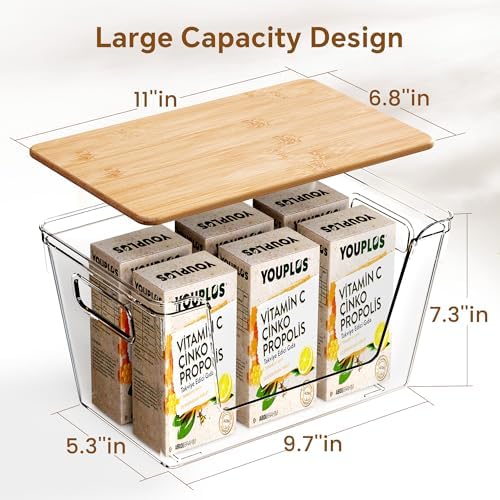 Criusia 2 Set Pantry Organizers and Storage with Bamboo Lids, Stackable Clear Bins for Onion, Potato, Fruit, Vegetables,