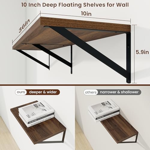 Axeman Deep Floating Shelves, 36'' x 10'' Walnut Wall Shelves Set of 2