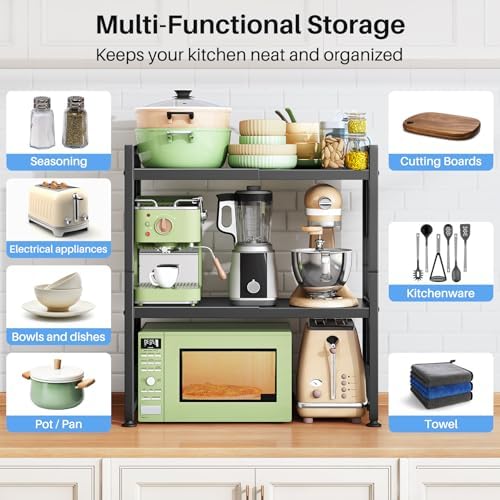 Expandable Microwave Stand, Heavy Duty 3-Tier Adjustable Microwave Oven Rack Shelf with 8 Hooks & 2 Holders, Space-savin