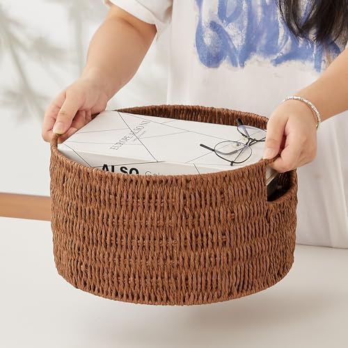 Vagusicc Wicker Storage Basket, Hand-Woven Paper Rope Large Round Woven Basket With Handles, Wicker Baskets for Organizing/Storage, Brown, 3-Pack