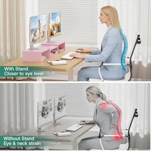 OPNICE Dual Computer Monitor Stand Riser, Desk Organizer with Drawer, Office Desk Accessories & Workspace Organizers for