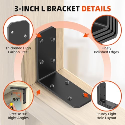 3x3 Inch Angle Bracket, 90 Degree Corner Bracket, Black, 16Pack