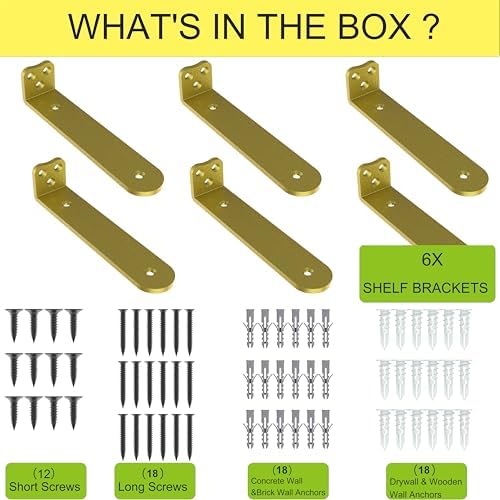 6Inch Gold Heavy Duty Floating Shelf Bracket 6 Pack 3-Hole Mount