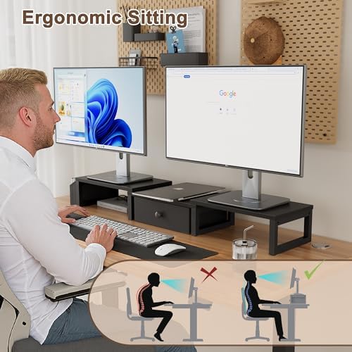 LAND·VOI Dual Monitor Stand with Drawer and Side Pockets, Monitor Riser for Desk, Home Office Desk Storage, Multi-Scenar