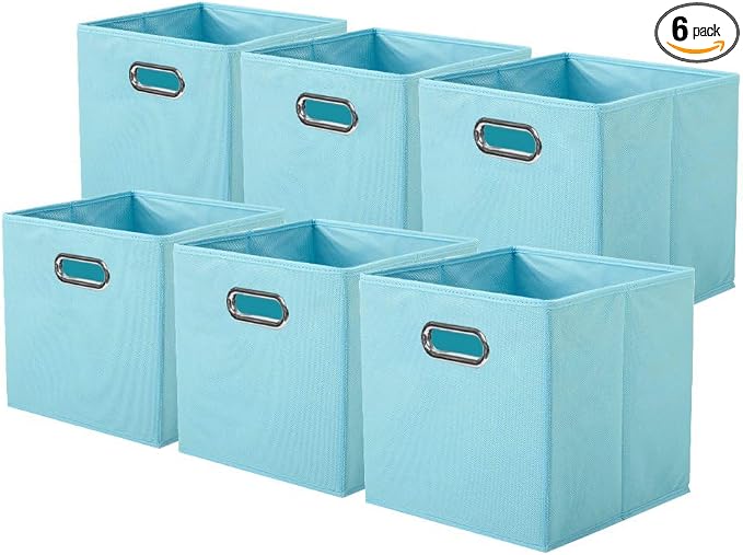ShellKingdom Storage Bins, Foldable Fabric Storage Cubes And Cloth Storage Organizer Drawer with Metal Handle For Closet And Toys Storage, 11 X 10.5 X 10.5 INCH, 6 Pack (Light Blue)