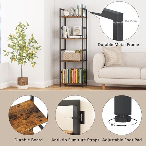 4 Tier Bookshelf, Narrow Storage Organizer for Small Space, Brown