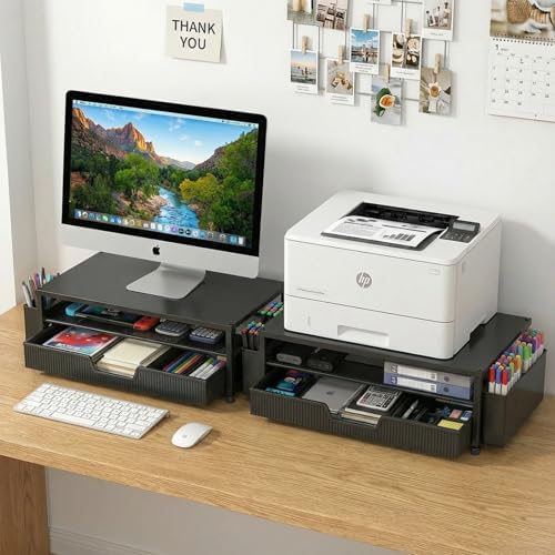 ECOLOVI Desk Organizer and Accessories, 2-Tier Computer Monitor Stand Rise with Storage Drawer & 2 Pen Holders, Laptop &