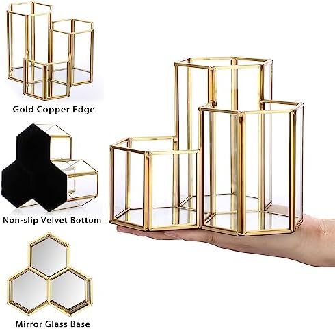 Hipiwe Glass Makeup Brush Holder 3 Slot Gold Desktop Pen Pencil Pot Cup