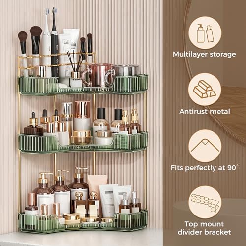 BEFSOP Corner Bathroom Counter Organizer, Upgraded 3-Tier Makeup Organizer Countertop with Makeup Brush Holder, Skincare