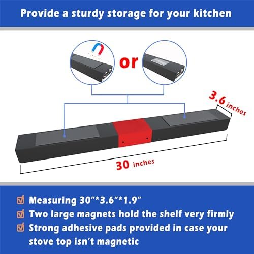 30" Magnetic Stove Top Shelf – Black Spice Rack with Red LOVE Design – Seasoning Organizer for Back of Stove – Over Stov