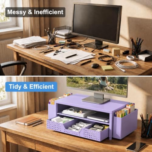 ECOLOVI Desk Organizer and Accessories, 2-Tier Computer Monitor Stand Rise with Storage Drawer & 2 Pen Holders, Laptop &