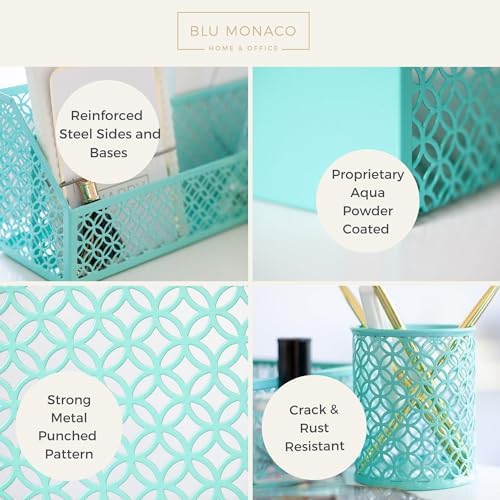 BLU MONACO Aqua - Teal 6 Piece Cute Desk Organizer Set - Desk Organizers and Accessories for Women - Cute Office Desk Accessories - Desktop Organization