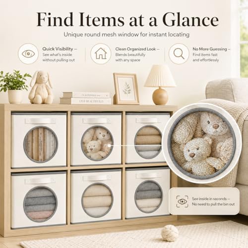 Fabric Storage Cubes with Mesh Window, 11'' Cube Storage Bin, Ivory, 4 Pack