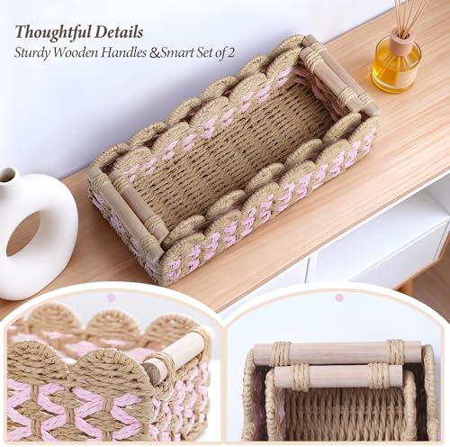 Set of 2 Paper Rope Scalloped Baskets with Wooden Handles