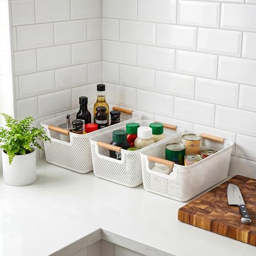 3 Pack Plastic Mesh Basket, White Weave Baskets with Wooden Handles