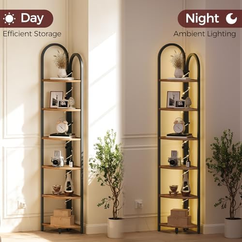 MAHANCRIS 6 Tier Corner Shelf with LED Light, 74.6'' Tall Corner Bookshelf Stand, Narrow Display Bookcase with Storage R