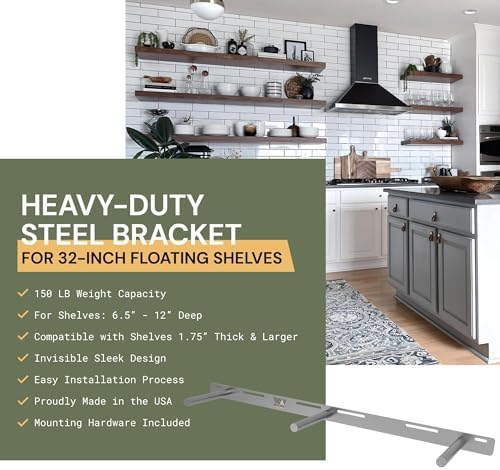 Floating Shelf Bracket 2 Pack - 32” Hidden Shelf Brackets, 150 LB Weight Capacity, Supports Wall Mounted Floating Shelve
