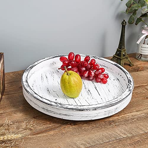 14 in White Distressed Round Lazy Susan, Farmhouse Turntable Dining Tray