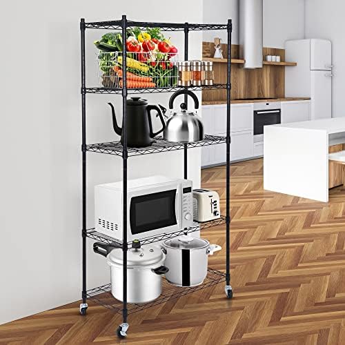 ZENY 5-Shelf Heavy Duty Shelving Storage Unit with Casters, Metal Organizer Wire Rack for Kitchen, Office, Garage, Black