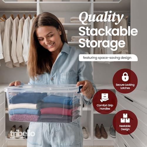 Tribello Plastic Storage Bins with Lids, Clear Stackable Storage Containers - 9.5 Qt - 2 Pack