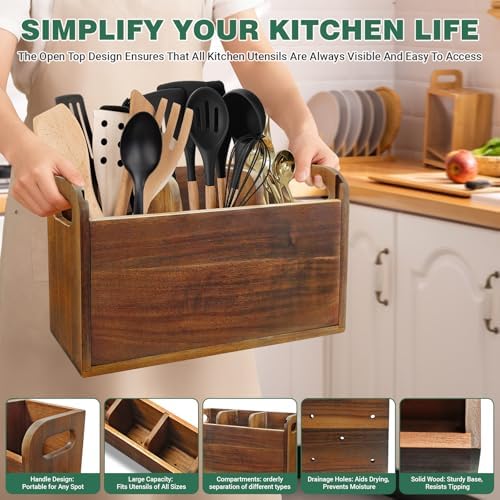 Kitchen Utensil Holder for Countertop with 3 Compartments，Acacia Wood Utensil Holder Cooking Spatula Organizer Large Cut