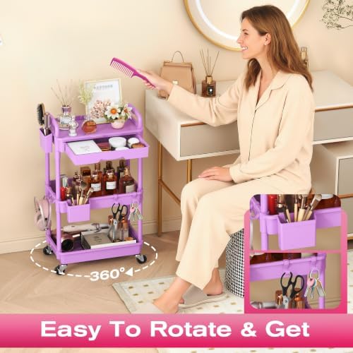 Goovilla Rolling Makeup Organizer Cart with Removable Drawer, 3 Tier Purple