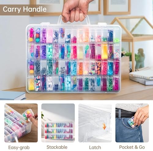 Bead Organizer Box, 60 Pack Small Clear Storage Boxes with Labels, Large Travel Craft Case with Handle, Mini Plastic Con