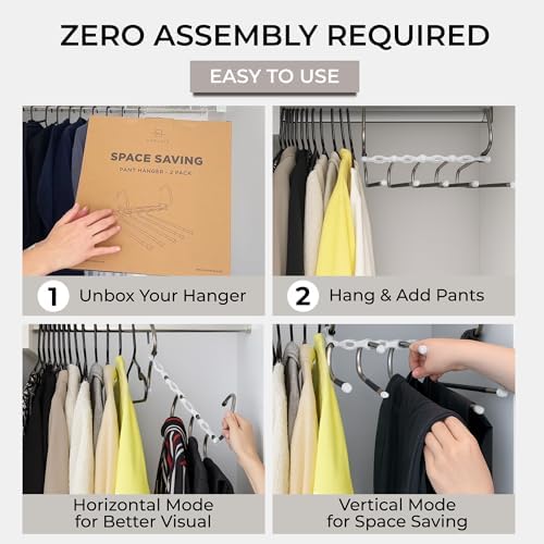 MORALVE Pants Hangers Space Saving - 2 Pack - Non-Slip Multi-Layer Space Saving Hangers - Multifunctional Clothing Rack for Closet Storage - Ideal for Jeans, Trousers, Skirts, Scarves & Slacks (White)