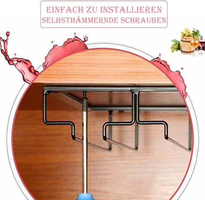 FOMANSH Wine Glass Rack - Under Cabinet Stemware Wine Glass Holder Glasses Storage Hanger 2 Pack Metal Organizer for Bar Kitchen 4 Rows Black