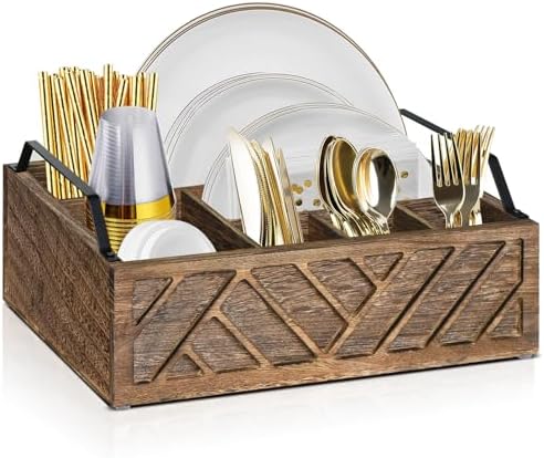 Ukonvi Flatware Organizers Paper Plate Dispenser with Handles, Paper Plate Holder for Kitchen Counter, Wood Rustic Silve