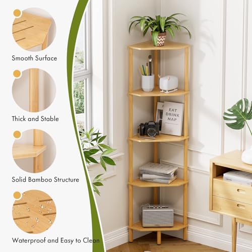 Corner Shelf, 5 Tier Bamboo Corner Bookshelf, 54" Tall Narrow Bookcase, Plant Stand, Corner Display Rack, Shower Caddy, 