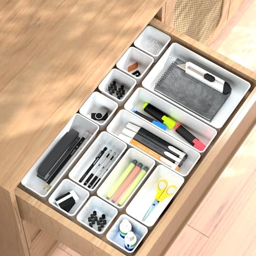 Cetomo 14 Pcs Drawer Organiser Set, Plastic Storage Drawer Organizer, Drawer Dividers, Adjustable and Expandable, Container Tray for Kitchen Utensils, Cosmetic, Makeup, Gadgets, White, 4 Size-14 Pack