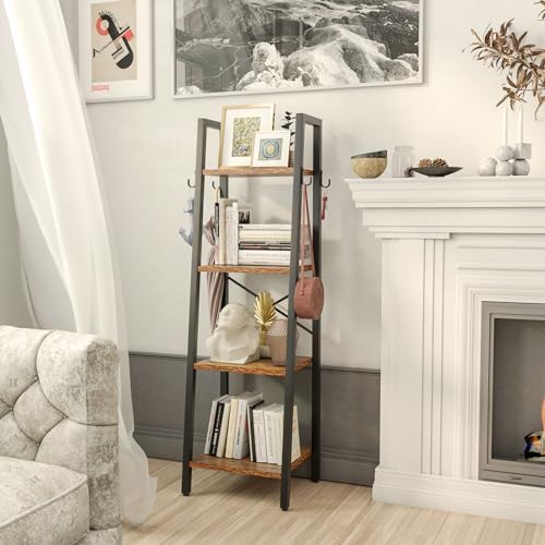 YMYNY 4 Tiers Ladder Bookcase, Industrial Narrow Bookshelf, Open Display Rack with 4 S Hooks, Metal Storage Shelves for 