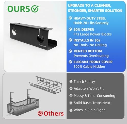 Under Desk Cable Management Tray No Drill, 17" Cable Organizer with Clamp