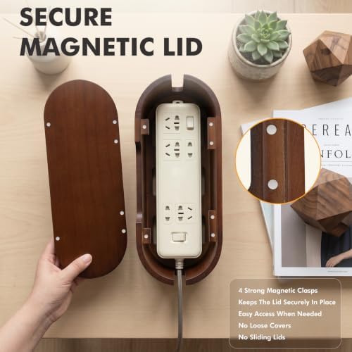 Wooden Cable Management Box with Lid, Decorative Cord Organizer for Power Strip & Charger Cables, Ventilation Holes & Si