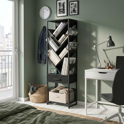 Bookshelf with Drawer,10 Tier Tree Bookcase Retro Floor Standing Bookshelves,Tall Wood Bookcases with Cabinet Storage Or