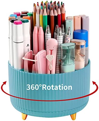 Desk Pencil Pen Holder, 5 Slots 360°Degree Rotating Organizers for, Desktop Storage Stationery Supplies Organizer, Cute Cup Pot Office, School, Home, Art Supply, Blue