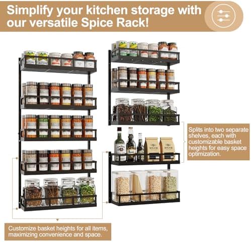 X-cosrack Wall Mount Spice Rack Organizer 5 Tier Height-Adjustable Hanging Spice Shelf Storage for Kitchen Pantry Cabine