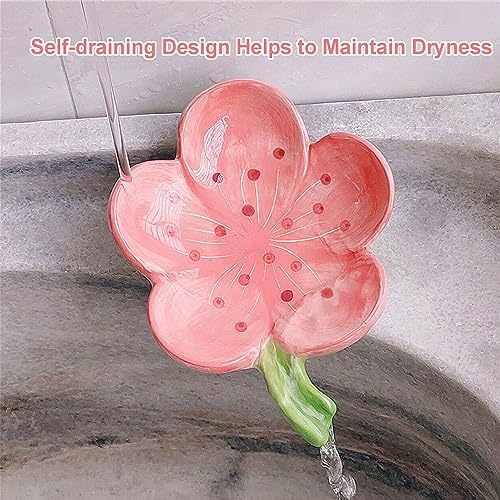 Self-Draining Soap Dish Ceramic Cute Bar Soap Holder for Countertop, Kitchen, Bathroom, Bedroom, Peach Blossom, Pink